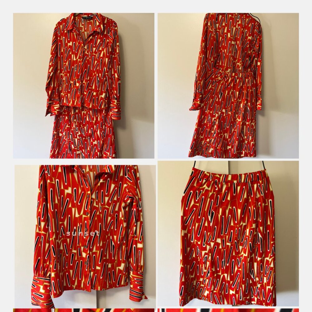 1970s Roberto Firenze Italy Los Angeles Polyester Blouse and Skirt Set Orange